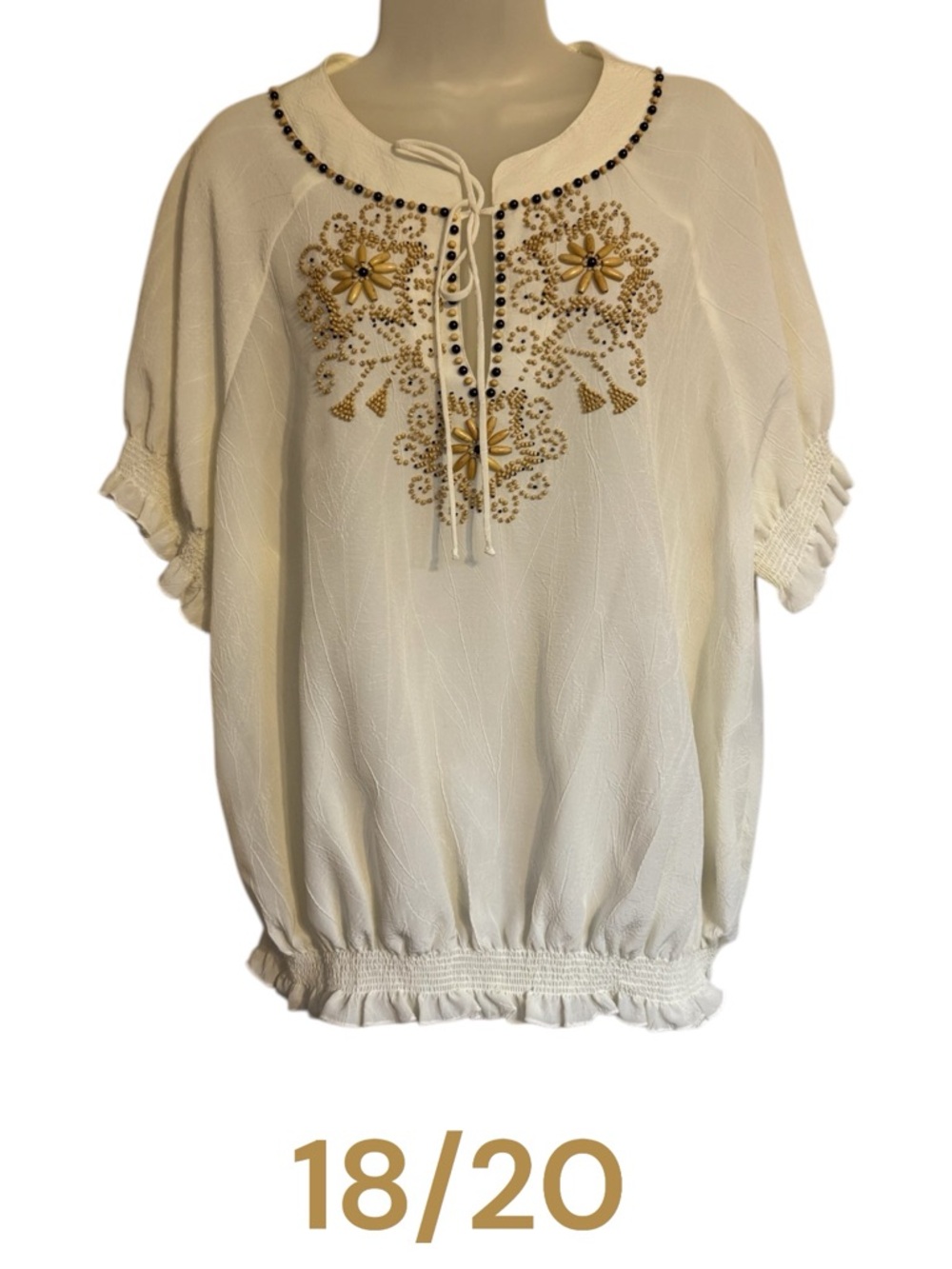 GORGEOUS Neutral Cream Embellished Peasant Top SIZE: 18/20 #C